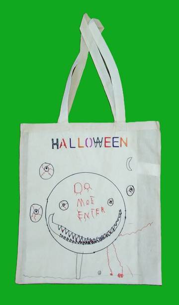 A white bag with a drawing on it